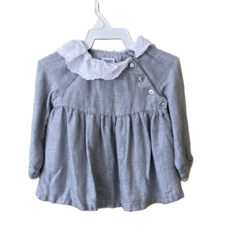 Cupcakes & Cashmere Baby Dress •’Gray with White Lace Collar • 12M